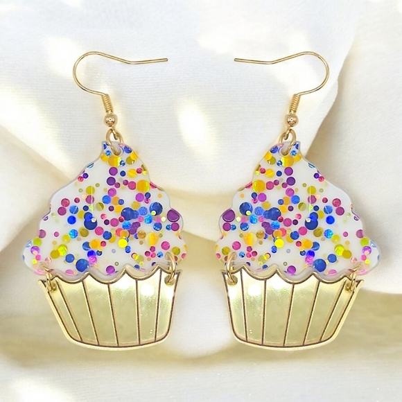 🆕️Colorful Trendy Cupcake Confetti Glitter Dangle Earrings 🎂🎉 Fun & Cute - Picture 8 of 12